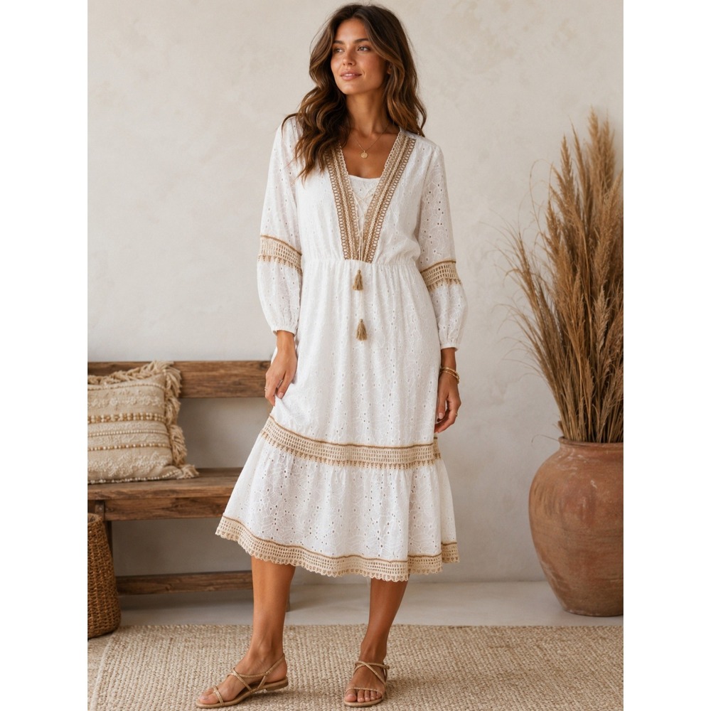 Cato Collection Limited Edition White Eyelet‎ Lace Up Midi Dress Tassel Small